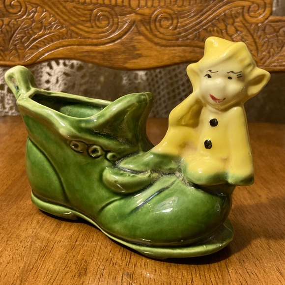 Other - Vintage Yellow Elf Pixie on Green Shoe Boot - Smirk Expression